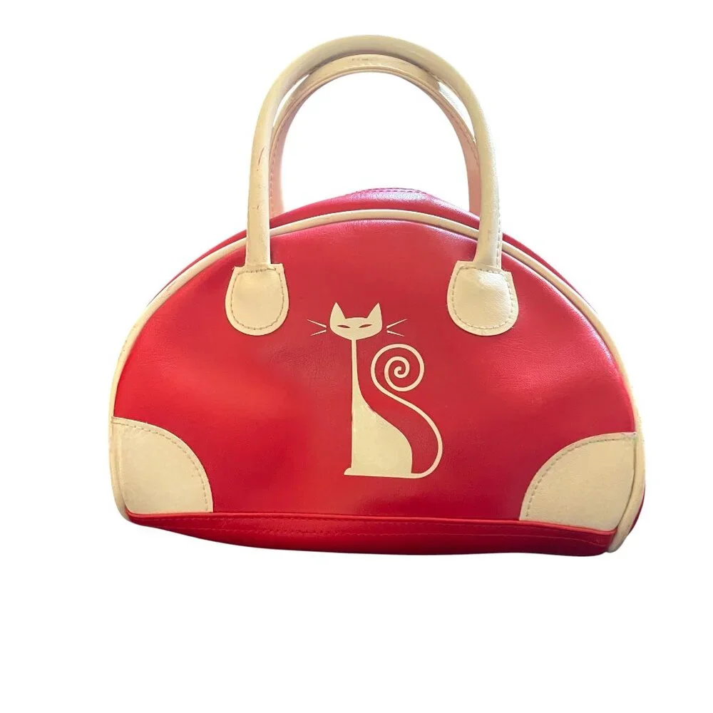 Red Tango by Tokyo Bay Retro Vintage Mini Bowling Bag Women's Red/White Cat - Picture 2 of 9